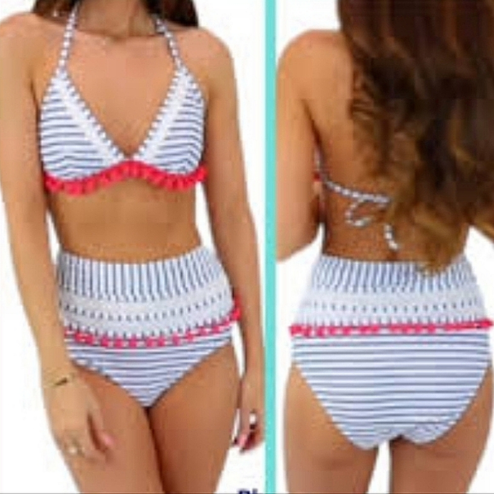 COCO SHIP Tassel Mesh Stripe 2pc Halter V-Neck Bikini Swimsuit NWT
